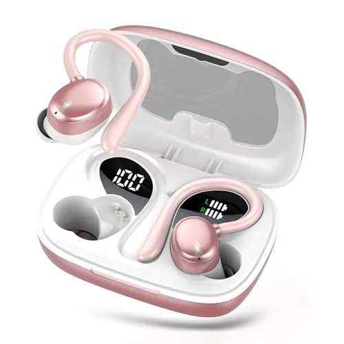 Auriculares Inalambricos, Auriculares Bluetooth 5.3 Deportivos con Gancho de la Oreja, 72H Cascos Inalambricos Bluetooth con Cancelacion Ruido ENC, Pantalla LED, Ajuste Cómodo,IPX7 Impermeable Cascos
