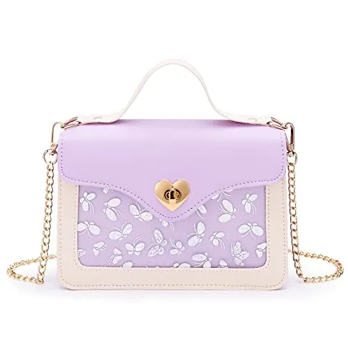 KALIDI Bolsos para niñas pequeñas, con forma de corazón, con cerradura para niñas, mini bolsas cruzadas, cadena para niños, bolsa de hombro para niñas, niños y adolescentes, Purple, INCH