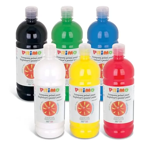 PRIMO - Témperas para Niños +3 Años Lavables, 6 Colores para Pintar de 1L con Dosificador Ideal para Papel, Tela, Cristal y Otras Superficies, Manualidades Creativas y Material Escolar, Made in Italy