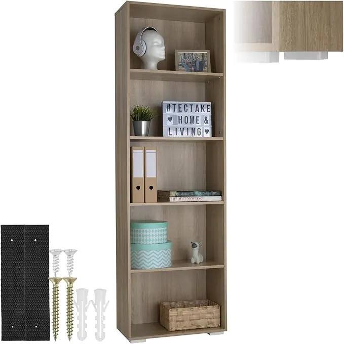 tectake® Estanteria Madera, Libreria Estanteria con 5 Compartimentos, Estanteria Almacenaje para Libros, Estanterias de Madera, Mueble Almacenaje, Estanteria Habitacion - Madera Clara, Roble Sonoma