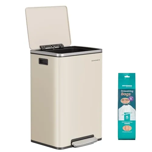 SONGMICS Cubo de Basura 50 L, con 15 Bolsas de Basura, Acero, Bolsa de Plástico Extraíble, con Tapa, Asas, Cierre Suave, Crema LTB595A02