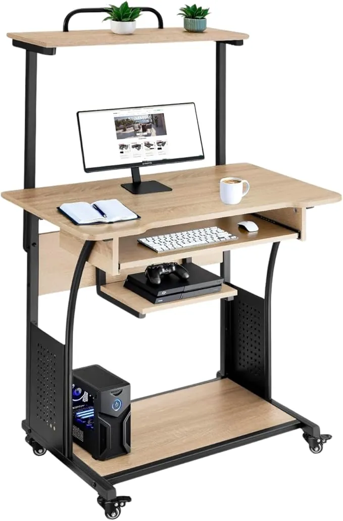 tectake® Mesa Ordenador, Madera y Acero, 3 Niveles de Almacenamiento, Escritorio pc, Muebles Oficina, Mesa Escritorio - 80 x 65,5 x 130,5 cm Madera Industrial Clara, Roble Sonoma