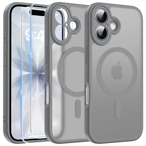 FLLAO Funda para iPhone 17, Compatible MagSafe, con 2 Piezas Protector de Pantalla Cristal Templado, [Protección de Cámara] Magnética Carcasa Translúcida Mate Trasera Fina Antigolpes, Gris