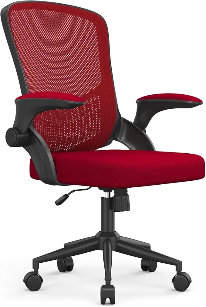 naspaluro Silla de Oficina Ergonómica con Soporte Lumbar de Diseño Exclusivo, Brazos Abatibles 90°, Tapicería de Malla Transpirable, Silla de Escritorio Giratoria 360°, Negro con Rojo
