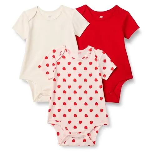 Amazon Essentials x Sofia Grainge Body de Manga Corta con Cuello Redondo Unisex Bebés, Pack de 3, Corazones de Manzana/Marfil/Rojo, 12 meses
