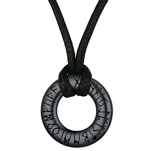 FaithHeart Collar Vikingo Negro Runas Acero Inoxidable 316L Hombre Mujer Cadenas Finas de Hilos Trenzados Microfibra PU Colgante Círculo Pequeño Collar Nordico Hip Hop de Edad Media Amuleto