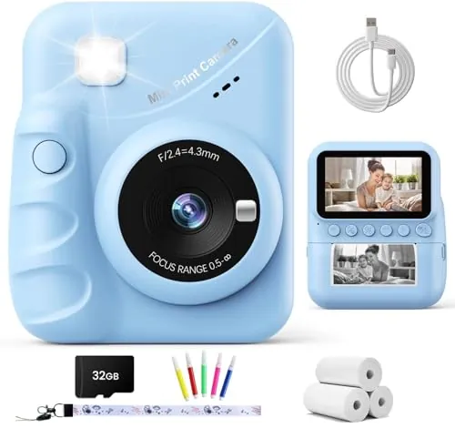 TIATUA Cámara Fotos Infantil Instantánea, 3,0" 48MP Selfie, Azul