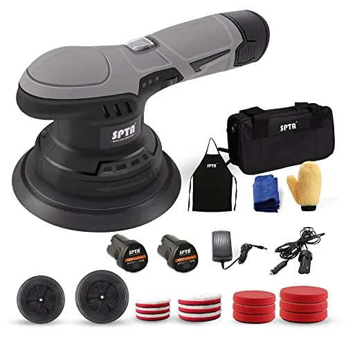 SPTA Mini Pulidora Coche, Máquina Pulidora, 125/150mm 12V Pulidora para Coche, Pulidora a batería, 2X Batería Li-on 2000 mAh, 6x Esponja pulir Coche 6x Almohadilla de pulido de microfibra -LD601EU