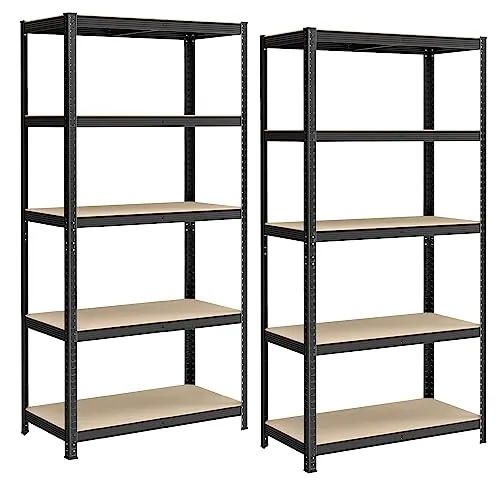 SONGMICS Juego de 2 Estanterías de 5 Niveles, Montaje sin Tornillos | Estanterías Pesadas de Acero, Carga de 600 kg, 50 x 100 x 200 cm, Instrumentos, Garaje, Almacén, Trastero, Negro