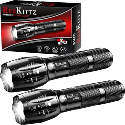 REHKITTZ Linternas LED, [Pack de 2], 2000 Lúmenes, Superbrillantes | Portátiles, Larga Autonomía, Enfoque Ajustable, Cuerpo Duradero de Aleación de Aluminio, Resistentes al Agua, 5 Modos