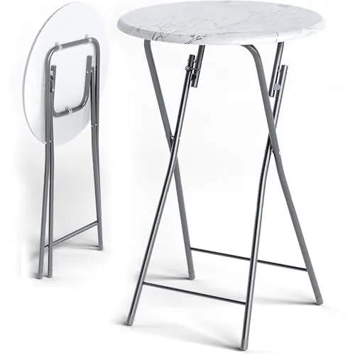 CASARIA Mesas de Bar Altas Plegables Juego de 2 Aspecto Madera Blanco | 60x110Cm, Tablero Redondo MDF, Robusto Marco Metálico, Patas Antideslizantes, Fácil Limpieza, Bistró, Eventos, Bodas