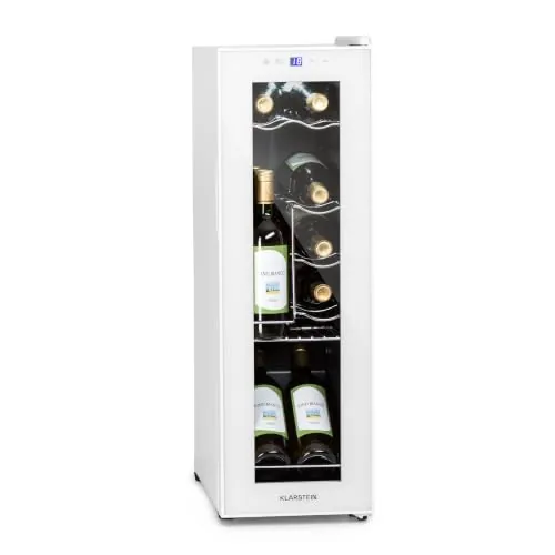 KLARSTEIN Shiraz Vinoteca Blanco – 12 Botellas, 32 L, 1 Zona | Nevera para Vinos de Libre Instalación, Puerta de Cristal, Silenciosa, 5–18 °C, LED, Marco Inox
