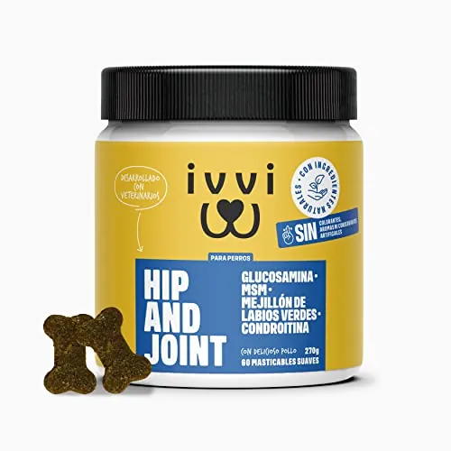 ivvi - Hip and Joint - Articulaciones, Antiartrosis - Complemento Alimenticio para Perros, Altamente Concentrado - MSM, Mejillón de Labio Verde, Glucosamina - 60 Golosinas de Pollo, 270g