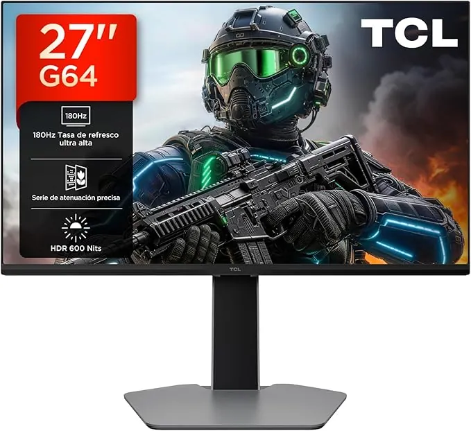 TCL 27G64 Monitor Gaming 27 Pulgadas QD-Mini LED, QHD 2560x1440, 180Hz, Panel Fast-HVA, 600 nits HDR, 1ms, AMD FreeSync Premium, G-Sync Compatible, 97% DCI-P3