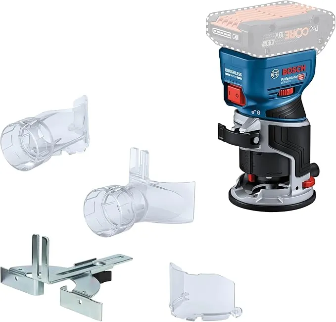 Bosch Professional 18V System fresadora corte batería GFK 18V-8 (incl. guía paralela, 2 adaptadores aspirador fresado, protección contra virutas, pinza sujeción de 8 mm, llave, sin batería/cargador)