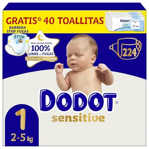 Dodot Pañales Bebé Sensitive, Talla 1 (2-5kg), 224 Pañales + 1 Pack de 40 Toallitas Regalo de Aqua Plastic Free, Nº1 en Protección de la Piel deDodot, Pack Mensual