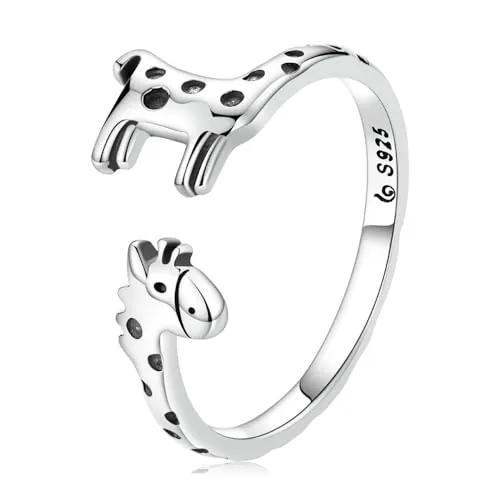 IMINI Anillo abierto de plata de ley 925 con diseño de jirafa para mujeres y niñas, ajustable, apilable, banda de dedo expandible, anillos de eternidad, regalos de joyería de cumpleaños y Navidad,