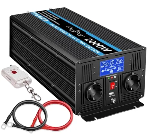JIGUUN 2000W/4000W Inversor 24V 220V Onda Pura Inverter | Cargador de 20A, Prioridad a la red eléctrica; 2 EU enchufes , control remoto inalámbrico y pantalla LCD