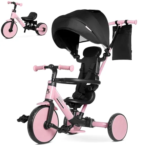 KRIDDO Triciclo Evolutivo 8 en 1 para Niños de 18 Meses a 5 Años, con Barra de Empuje, Triciclo y Bicicleta con o sin Pedales, Arnés de 5 Puntos Mejorado, Capota Plegable y Bolsa, Rosa