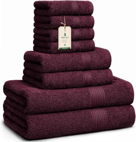 HomeBurg Luxe Set de Toallas 100% Algodón - 8 Piezas, 3 tamaños (30×30, 40×70 y 65×137 cm) - Suaves, absorbentes y de fácil Cuidado, Burdeos Terciopelo