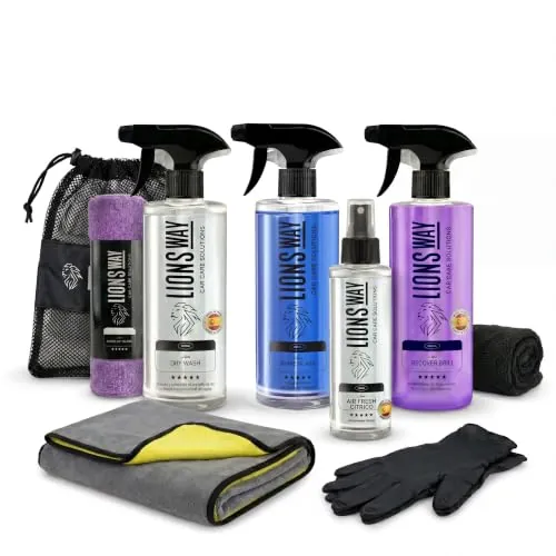 LionsWay: Kit Limpieza Coche Interior y Exterior con Bayeta Gigante | Limpieza Exterior Cera de Carnauba + Limpia Salpicaderos + Limpiacristales 500ml | 2 Bayetas Microfibra + Guantes Nitrilo