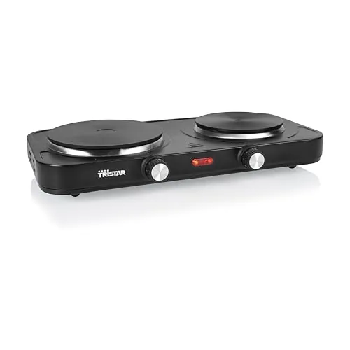 Placa de cocina pórtatil Tristar - Doble quemador - Para alojamiento de estudiantes, camping, cocina americana - 15,5 y 18,5 cm de diámetro - Termostato regulable - 2 500 W - KP-6152