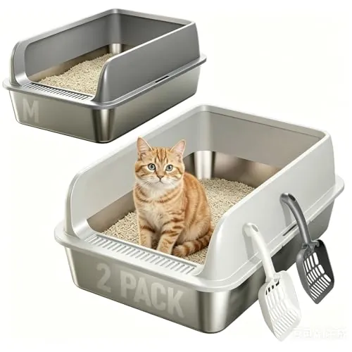 Juego de 2 Cajas de Arena para Gatos de Acero Inoxidable, con Borde Alto, 50 x 35 x 20 cm, Pala para areneros (Medium)