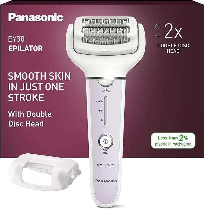 Panasonic ES-EY30-V503 Húmedo y Seco Depiladora, Doble Disco con 60 Pinzas, Flexible 90º Pivotante Cabeza, 3 velocidad Ajustes y LED Luz, 30 Minutos Operación Tiempo, Sin Cable, Cabello Removedor