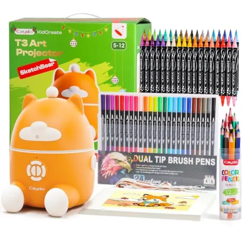 Caydo T3 kit proyector dibujo AI niños, SGS ojos seguros | Caja para regalo, 12 lápices de colores, 36 rotuladores acrílicos, 24 acuarelas y 50 hojas