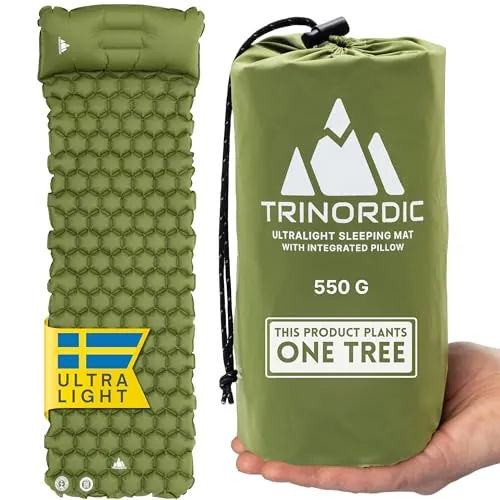 TRINORDIC Esterilla de acampada hinchable ultraligera con almohada - Colchón de aire individual que ahorra espacio - Equipo de acampada duradero y ligero para aventuras al aire libre