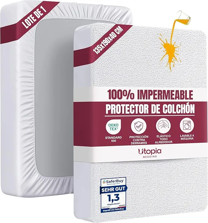 Utopia Bedding Protector Colchón 150 x 200 x 40 cm Impermeable, Certificación Oeko-Tex Funda Colchón, Cubre Colchón Transpirable, Elástico En Todo El Contorno