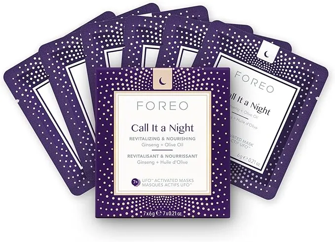 FOREO UFO Call it a Night, mascarilla facial activa para piel seca y envejecida, pack de 7, revitaliza y nutre, ginseng y aceite de oliva, cruelty free, compatible con todos los dispositivos UFO