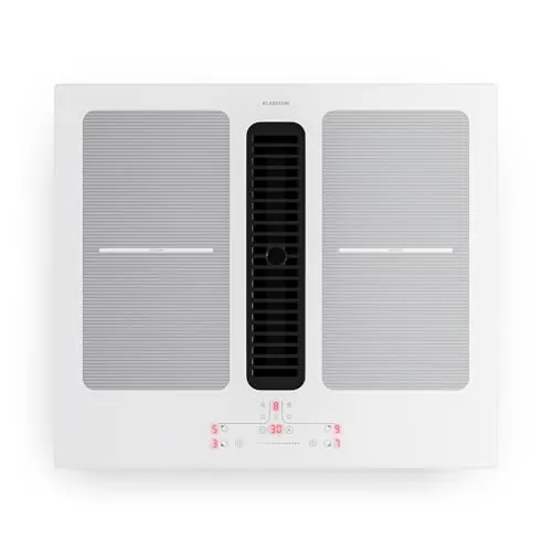 Klarstein Full House Vitrocerámica con Extractor - 60cm, 4 Zonas Inducción, 7335W Boost, Zonas Flex, Control Táctil, Temporizador, Bloqueo Infantil, Indicador Calor Residual, Clase A, White