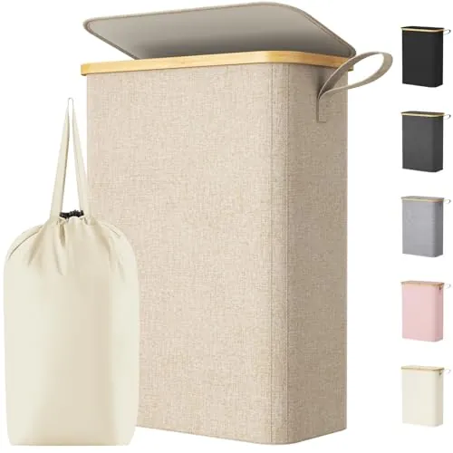 Lifewit Cesto Ropa Sucia Estrecho con Tapa, Cesto de Ropa Plegable con Bolsa Extraíble y Asa, Cesta Ropa Sucia de Bambú, Cubo de Ropa para Dormitorio, Baño, Lavandería, Dormitorio, 50 L, Beige