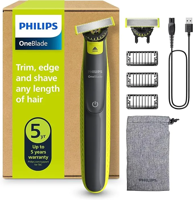Philips OneBlade 360 Auténtico Recortadora y afeitadora eléctrica para barba, 2 cuchillas 360, 3 peines para barba incipiente (1,3,5 mm), QP2724/31