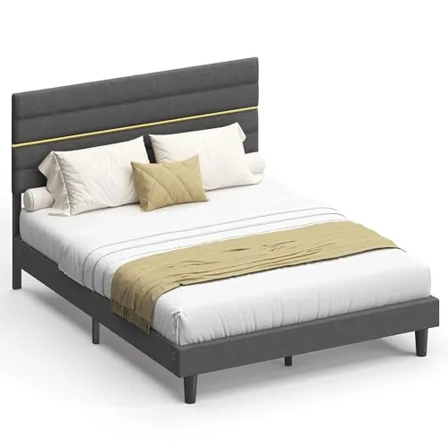 VASAGLE Marco de Cama Matrimonial, Marco para Colchón de 160 x 200 cm, Cabecero Acolchado Ajustable, Metal y Madera, Estilo Moderno, Gris Pizarra RMB505G01
