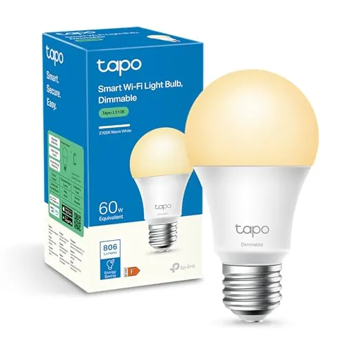Tapo L510E-Bombilla inteligente WiFi, Blanco Cálido 2700K, 8.7W/ 806lm, E27