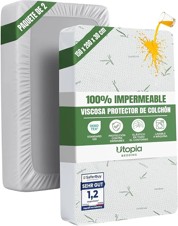 Utopia Bedding Protector de Colchón 150 x 200 x 30 cm (Paquete de 2) Impermeable, Viscosa Premium, Certificación Oeko-Tex, Cubre Colchón Transpirable, Elástico En Todo