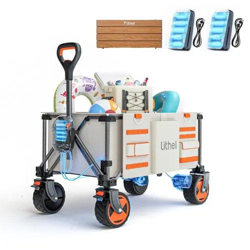 Litheli Carretilla eléctrica Plegable, Carro de Mano Plegable, Doble Motor con Frenos, 150 L, 60 kg, Carro Plegable Adecuado para Camping, jardín, Playa, Compras (Beige+Tablero de Mesa)