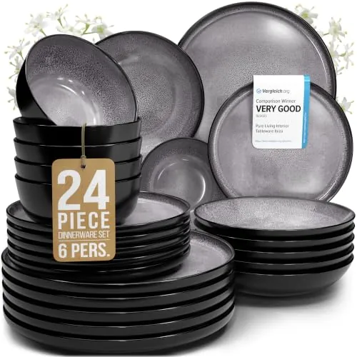 Juego de Vajilla de Steingut Ibiza para 6 Personas - 24 Piezas, Set de Vajilla para Lavavajillas y Microondas - Moderno Juego de Platos - Servicio de Pure Living en gris oscuro