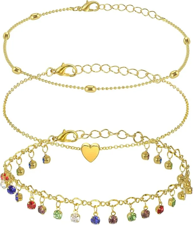 3Pcs Pulseras Tobilleras Pulsera Cadena En Capas,Pulsera de Tobillo para Mujer Ajustables Anklets para Verano Joyería de Playa para Pie Colgante Pie De La Cadena De Joyería Cumpleaños Regalo,Cristales