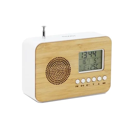 mooov 477320 - Radio Reloj Despertador Digital a Pilas, bambú, con Pantalla de Temperatura Interior, sintonizador FM, función autoapagado