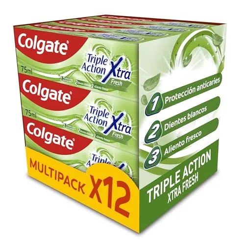 Colgate Triple Action Xtra Fresh - Pack 12 x 75 ml Pasta de Dientes - Protección Anticaries, Dientes más Blancos y Aliento Fresco - Sabor Menta
