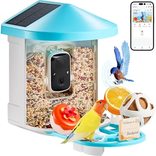 VEVOR Comedero Inteligente para Pájaros con Cámara 2K HD AI Identifica de Aves 2 Paneles Solares Cámara de Observación de Aves con Captura Automática y Notificación Instantánea para Exterior, Azul