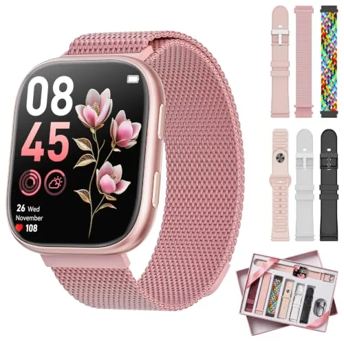 Mingtawn Reloj Inteligente Mujer con 7 Correas, 1.83" Smartwatch con Bluetooth Llamada, 100+ Modos Deportivos, Monitor Pulsometro/SpO2/Sueño, Relojes Inteligentes para Android iOS