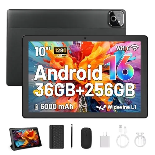 MUISOO Tablet de 10 Pulgadas, Android 16 Tablet con Teclado, Octa Core, 36GB RAM 256GB ROM (1TB TF Expand) Cámara 5MP + 8MP 6000mAh Tablets