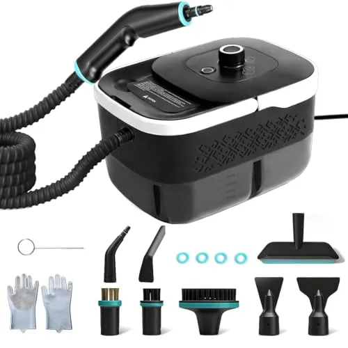 Limpiador de Vapor Portátil, Limpiador de Vapor a Alta Presión 2500W 4 Bar | Depósito 1250ml, 3 niveles, 15s, PP+ABS, 12 acc. hogar, cocina, coche, ventanas
