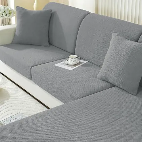 Ystyle Funda Asiento Sofa Elástico, Funda Cojin Sofa Ajustable Antiarañazos, Cubierta Protector De Asiento Funda De Cojín Separado Antideslizante (1 Asiento*2+Chaise Longue, Gris Claro)