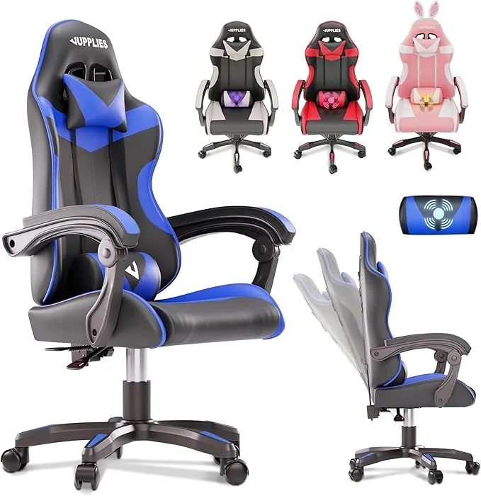 JUPPLIES Silla Gaming Profesional con Masajeador - Silla de Oficina Ergonómica sin Reposapiés, Altura Regulable y Respaldo Abatible - Silla Gamer para Juegos
