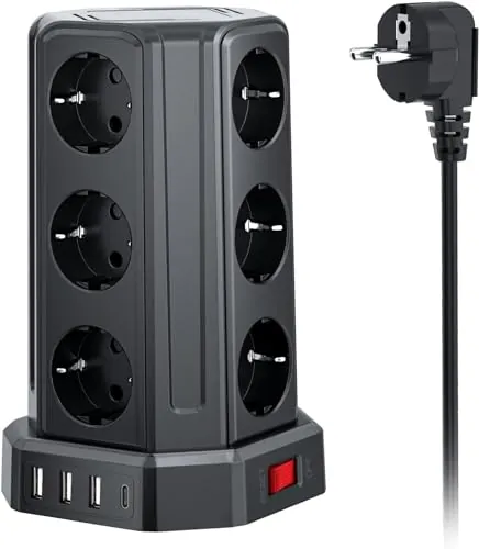 12 AC Torre Regletas Enchufes con 5M Alargador Enchufe Multiple y 4 USB